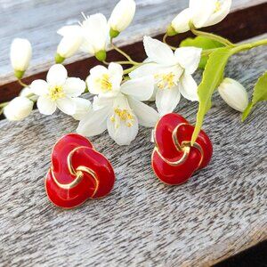 Vintage 80s 90s Red Enamel & Gold Triskelion / Trinity Knot / Triquetra Earrings